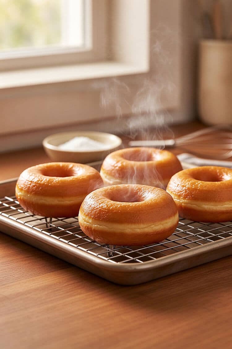 Metal tongs lifting a golden-brown puffed yeast donut from bubbling hot oil in a cast iron skillet with a digital thermometer reading 175°C (350°F)