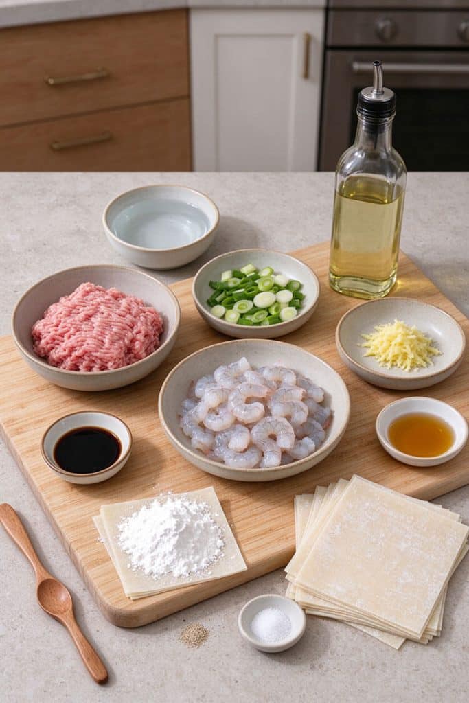 Overhead flat lay of fried wonton ingredients with fresh shrimp, ground pork, square wrappers, scallions, and soy sauce on a cutting board.