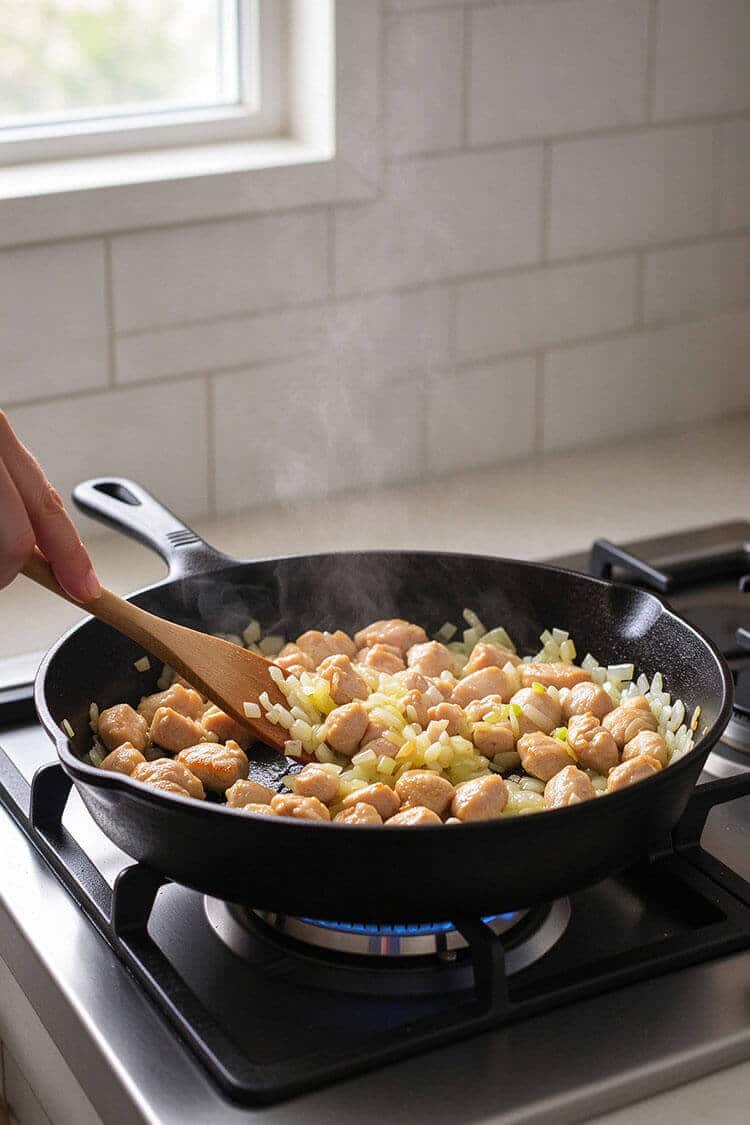 Sautéing tender diced chicken thigh pieces and chopped white onions with a wooden spoon in a seasoned black cast iron skillet on a gas range