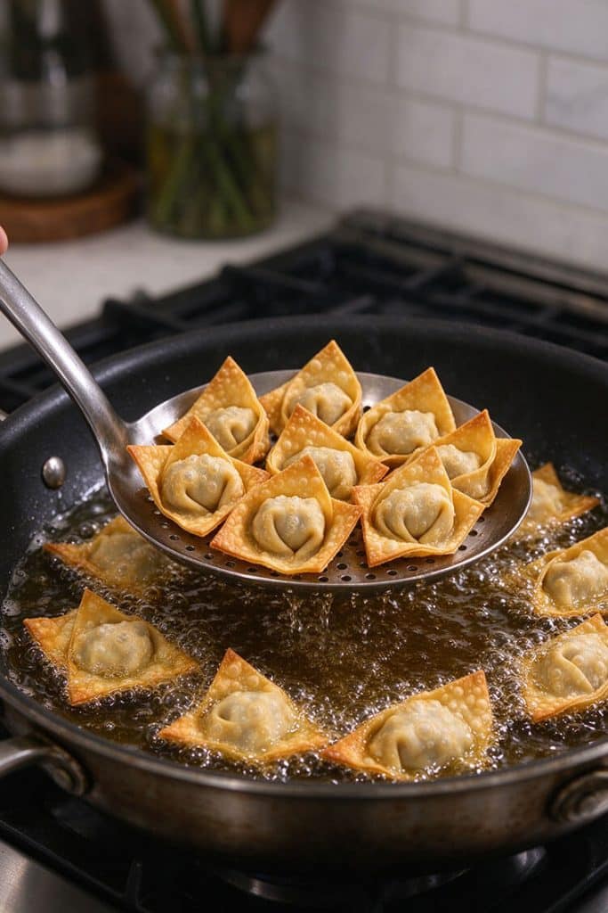 Lifting golden-brown fried wontons from bubbling hot cooking oil with a metal spider strainer spoon.