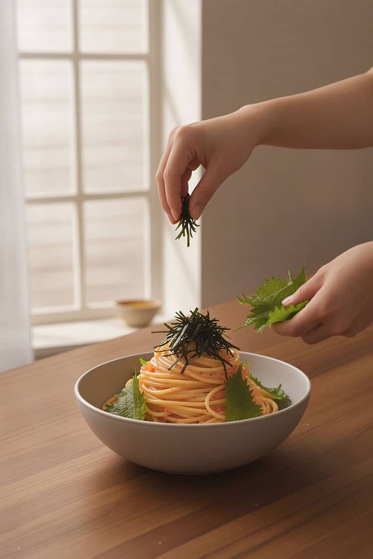Hands delicately arranging shredded black nori strips and fresh green shiso leaves on top of a swirled mound of pink mentaiko spaghetti in a light ceramic bowl by a sunny window