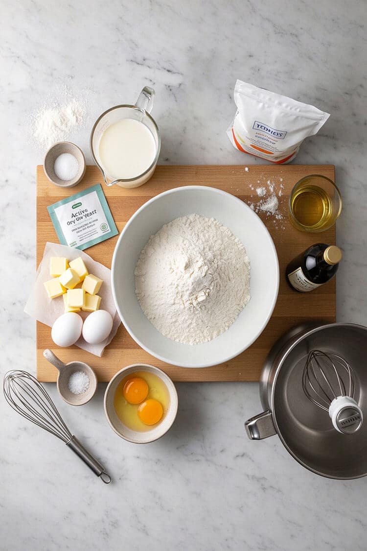Overhead flatlay view of bread flour in a bowl, softened butter cubes, whole eggs, warm milk, active dry yeast packet, sugar, salt, frying oil, vanilla, and a stand mixer bowl on a marble counter