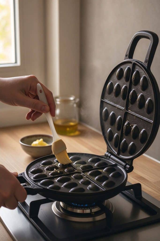 Brushing melted butter with a pastry brush into the cavities of an open cast-iron bubble waffle mold on a gas stovetop.