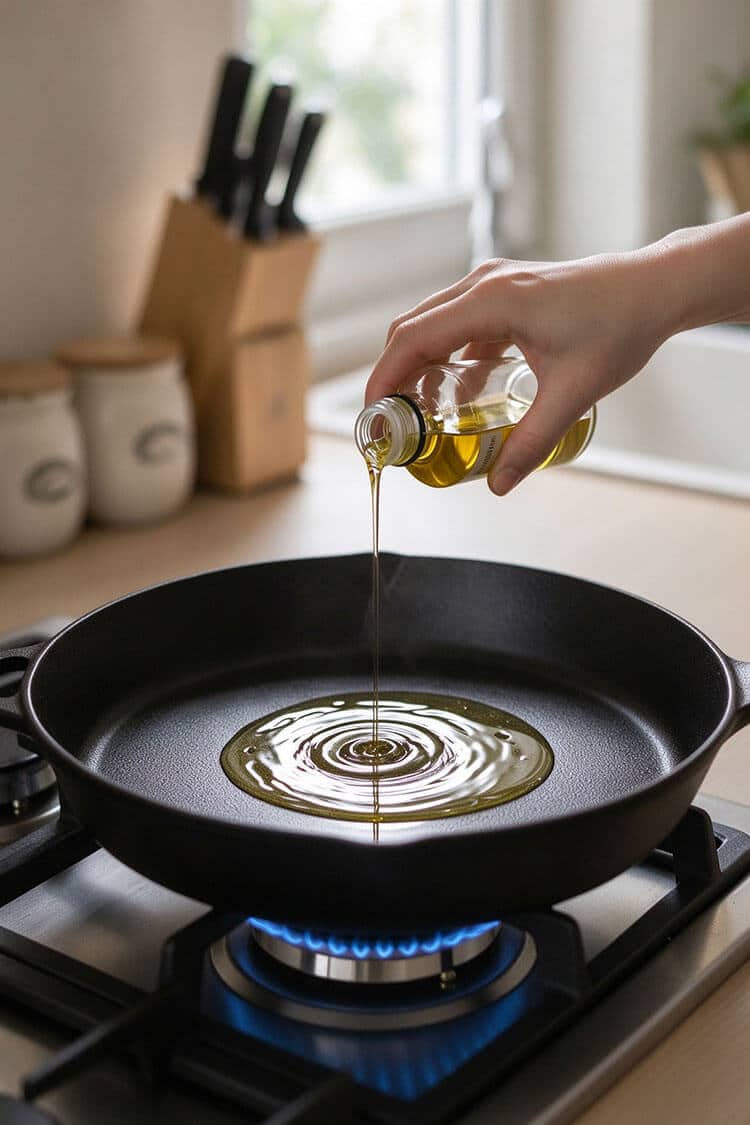 Pouring neutral cooking oil from a clear glass bottle into a preheated black cast iron skillet on a gas stovetop flame.