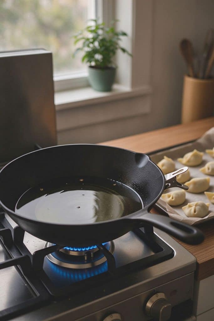 Heating cooking oil in a black cast-iron skillet over a blue gas flame to reach 350 degrees Fahrenheit for deep frying.