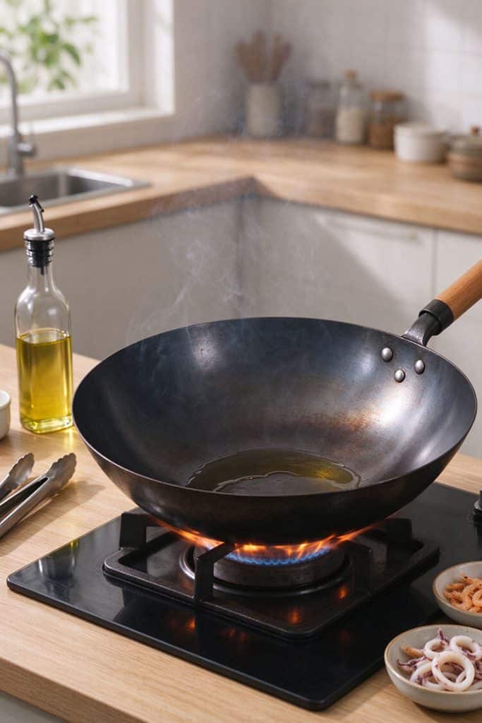 Heating cooking oil in a black carbon steel wok over gas stove flame until light wisps of smoke appear.