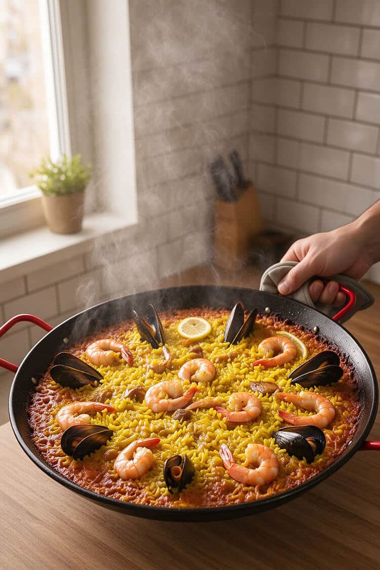 Hands in heat-resistant mitts holding a large steaming pan of finished seafood paella with juicy shrimp, mussels, lemon slice, and golden saffron rice