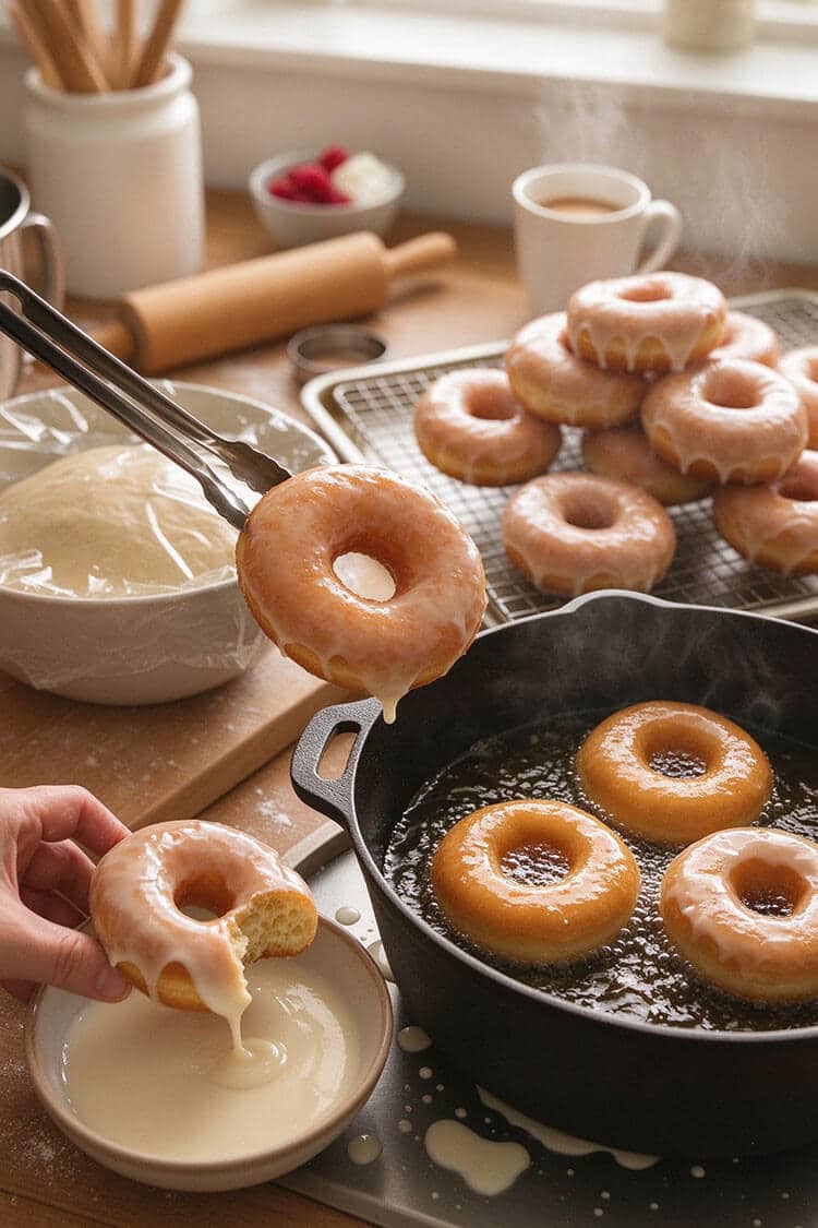 Tongs lifting a shiny glazed donut with dripping glaze, another donut dipped in vanilla glaze bowl, donuts frying in a skillet, and a stacked batch in a cozy kitchen