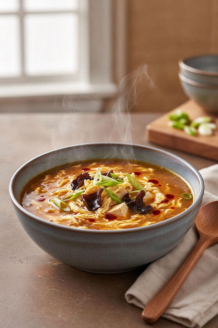 A steaming ceramic bowl of hot and sour egg drop soup with delicate egg ribbons, wood ear mushrooms, tofu cubes, chili oil droplets, and green onions with a wooden spoon