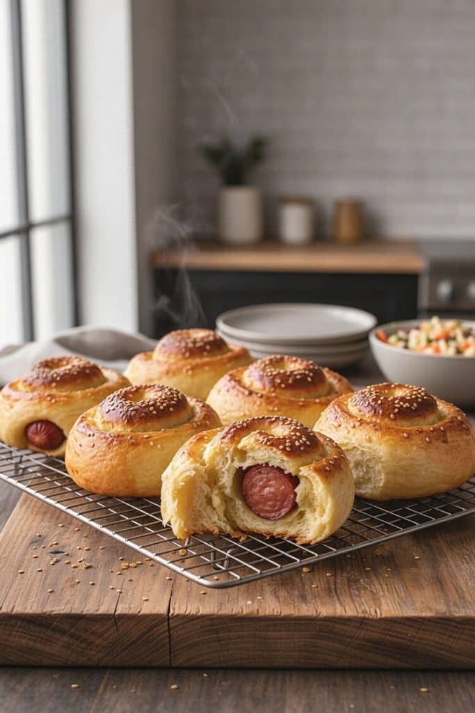 Freshly baked golden homemade soft sausage buns cooling on a wire rack with one bun cut open.