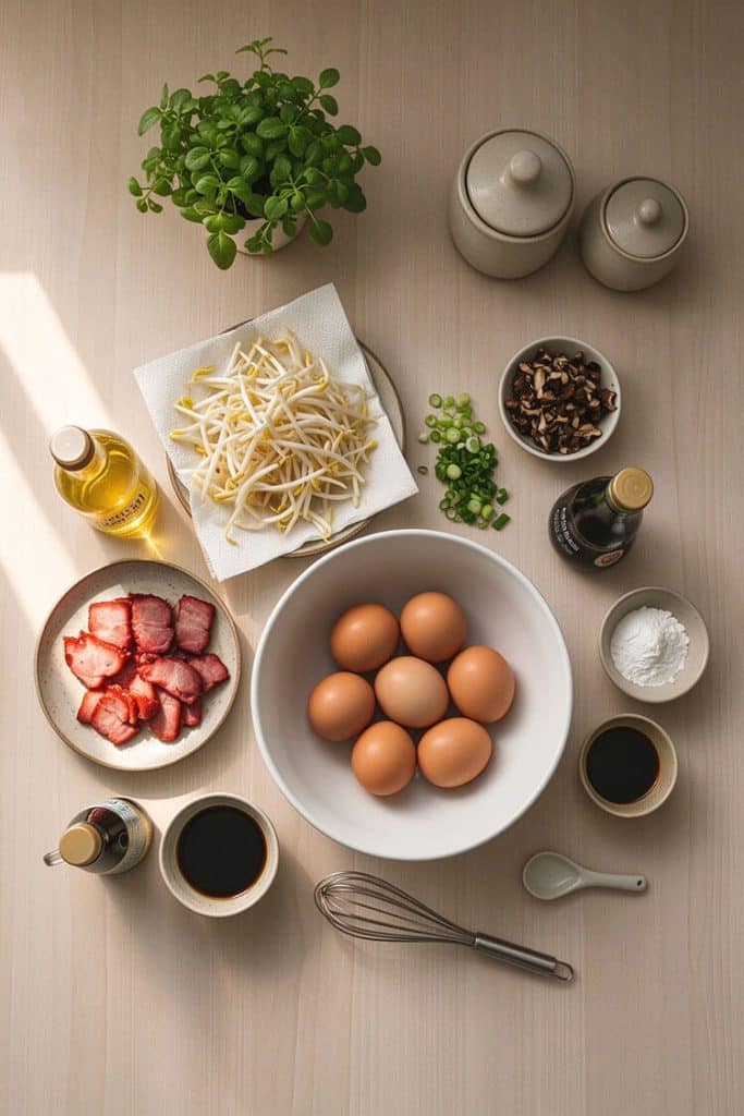 Flat lay of ingredients for Hong Kong egg foo young including fresh eggs, sliced char siu roast pork, dried bean sprouts, green onions, shiitake mushrooms, and gravy seasonings.