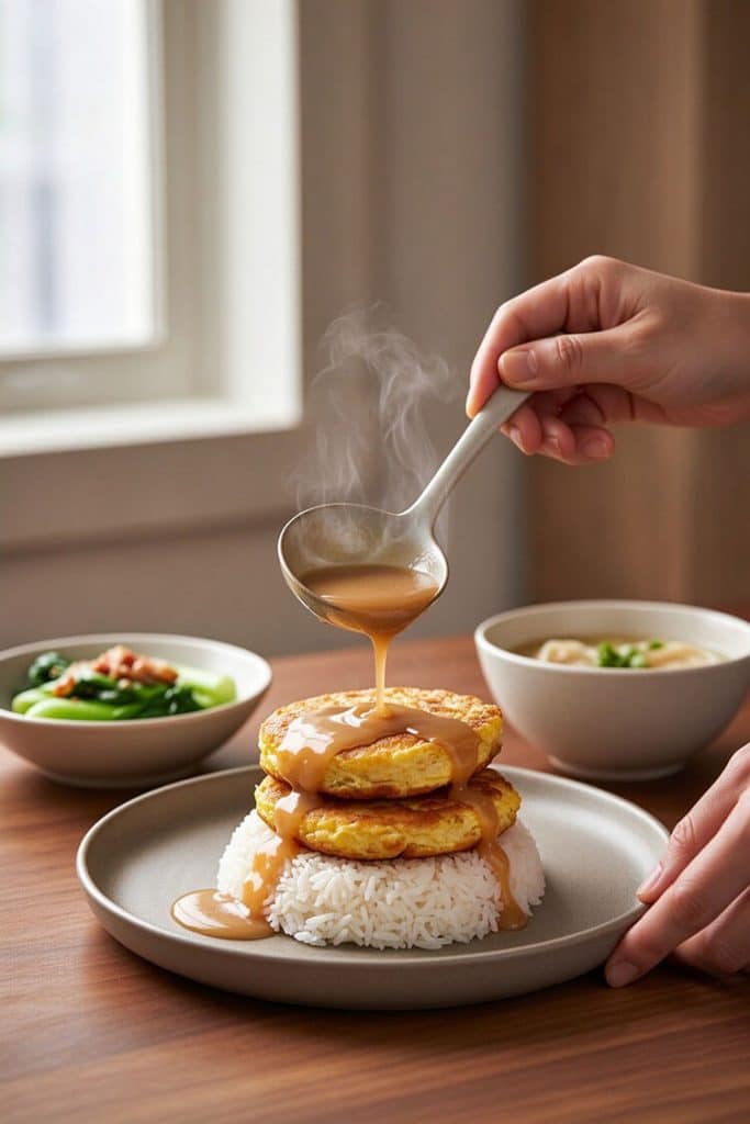 Ladling hot glossy brown gravy over golden fluffy egg foo young patties stacked on steamed jasmine rice in a modern bowl.