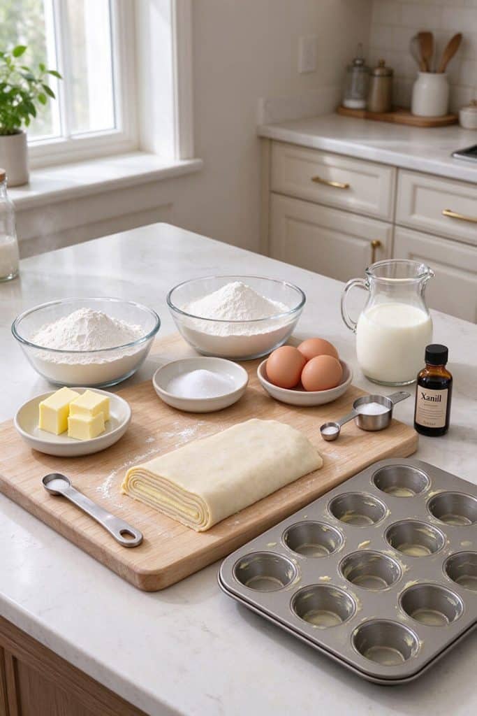 Flat lay of ingredients for Hong Kong egg tarts including laminated dough, flours, eggs, milk, and a muffin tin.