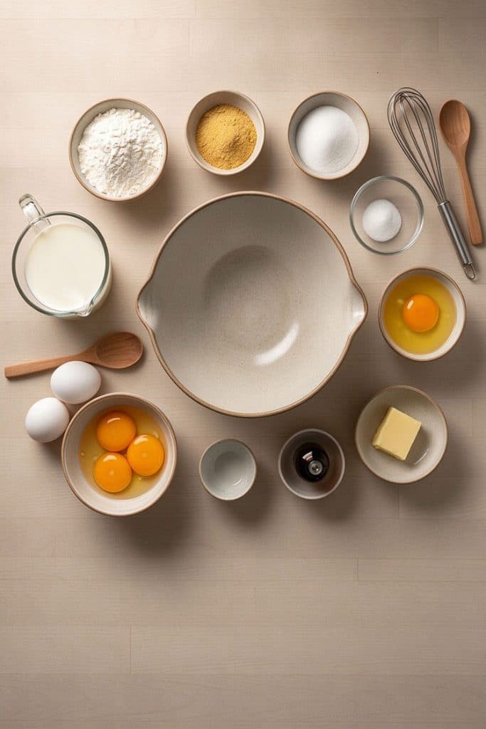 Overhead flat lay of Hong Kong egg waffle ingredients including flour, custard powder, sugar, eggs, evaporated milk, butter, and baking powder.