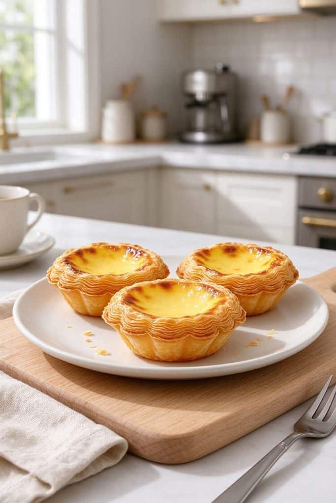 Trio of freshly baked Hong Kong puff pastry egg tarts with flaky edges on a white plate.