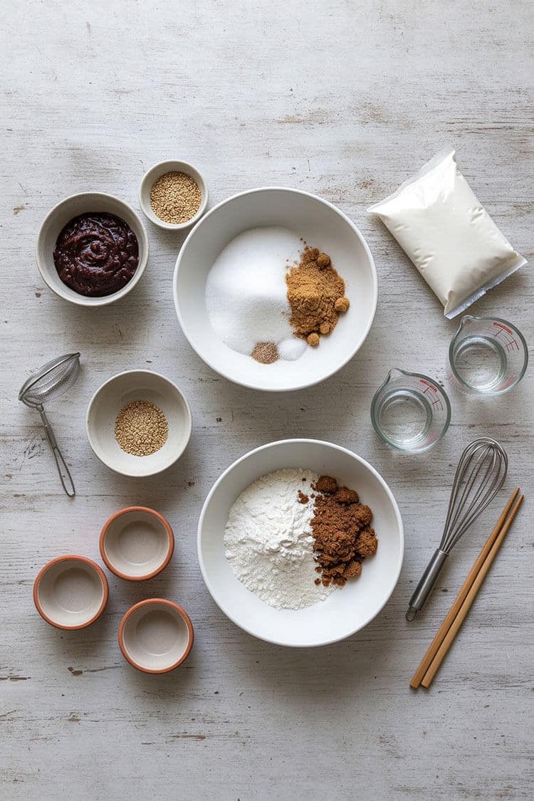 Overhead flatlay view of white rice flour, dark brown sugar, granulated sugar, wheat starch packet, red bean paste, toasted sesame seeds, water measuring cups, ceramic ramekins, wire whisk, and chopsticks on a white wooden surface