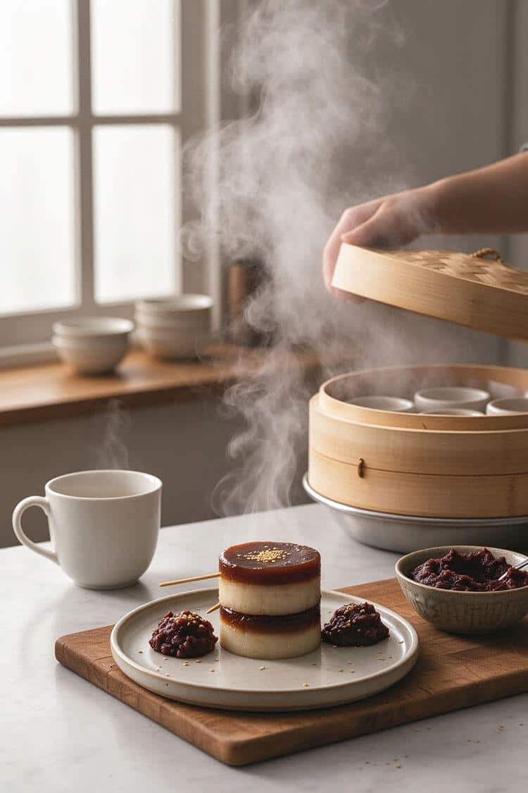 A stacked two-layer brown sugar and white put chai ko on bamboo skewers with red bean paste and sesame seeds on a plate, served with hot jasmine tea and a steaming bamboo steamer
