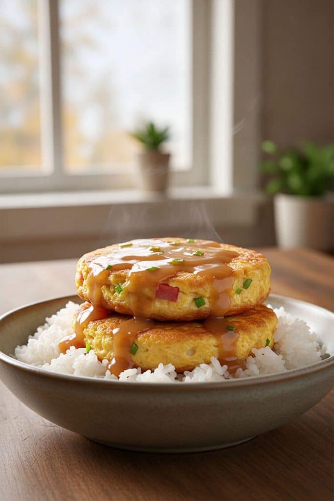 Two steaming hot, golden egg foo young patties stacked over white jasmine rice smothered in rich brown gravy and garnished with chopped scallions.