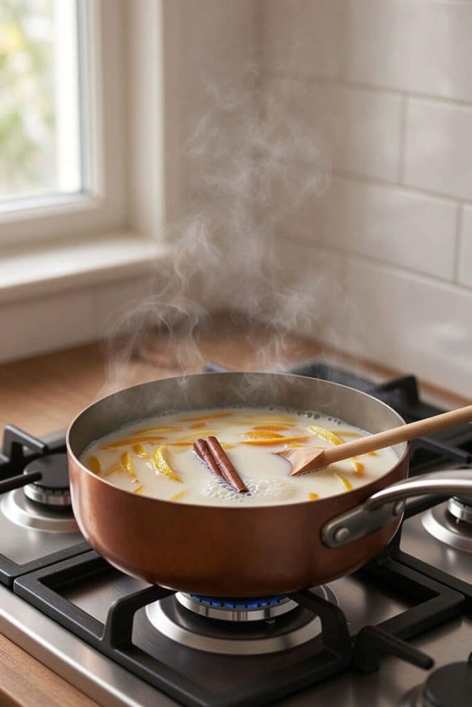 Simmering whole milk in a copper saucepan infused with fresh orange zest, lemon peel, and a cinnamon stick over medium-low heat.