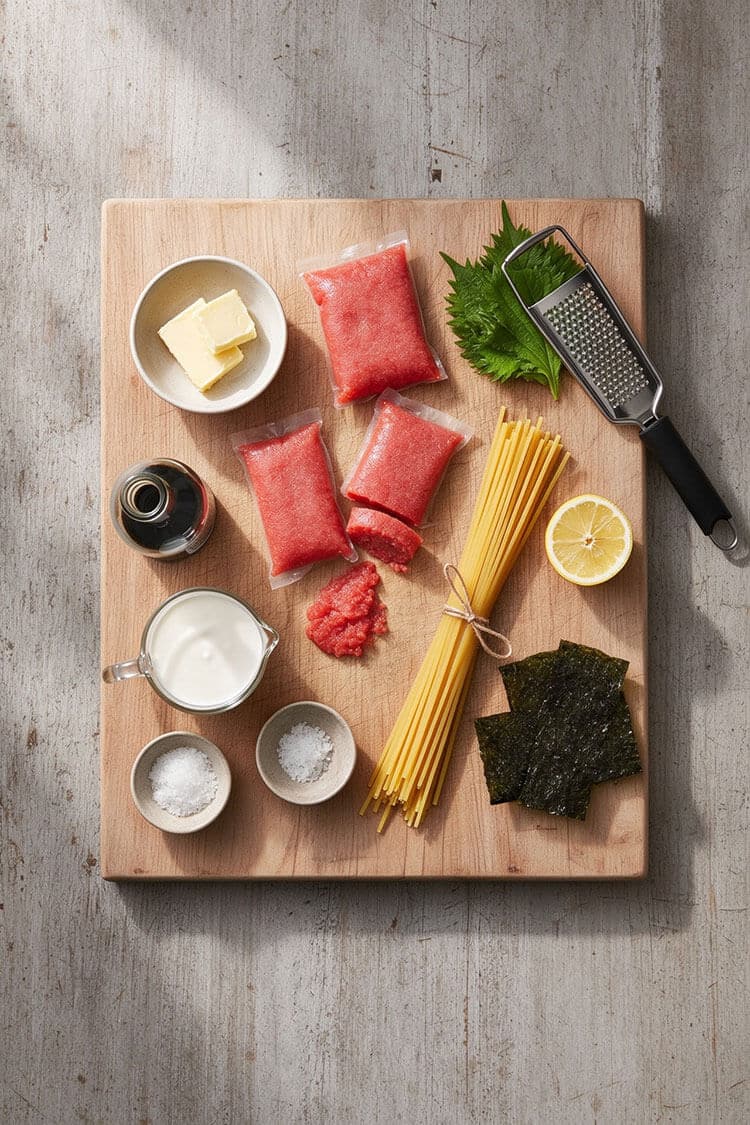 Overhead flatlay view of fresh spicy mentaiko sacs, raw spaghetti bundle tied with twine, softened butter pats, heavy cream in a mini pitcher, soy sauce, fresh lemon, nori sheets, shiso leaves, and a microplane grater on a wooden cutting board