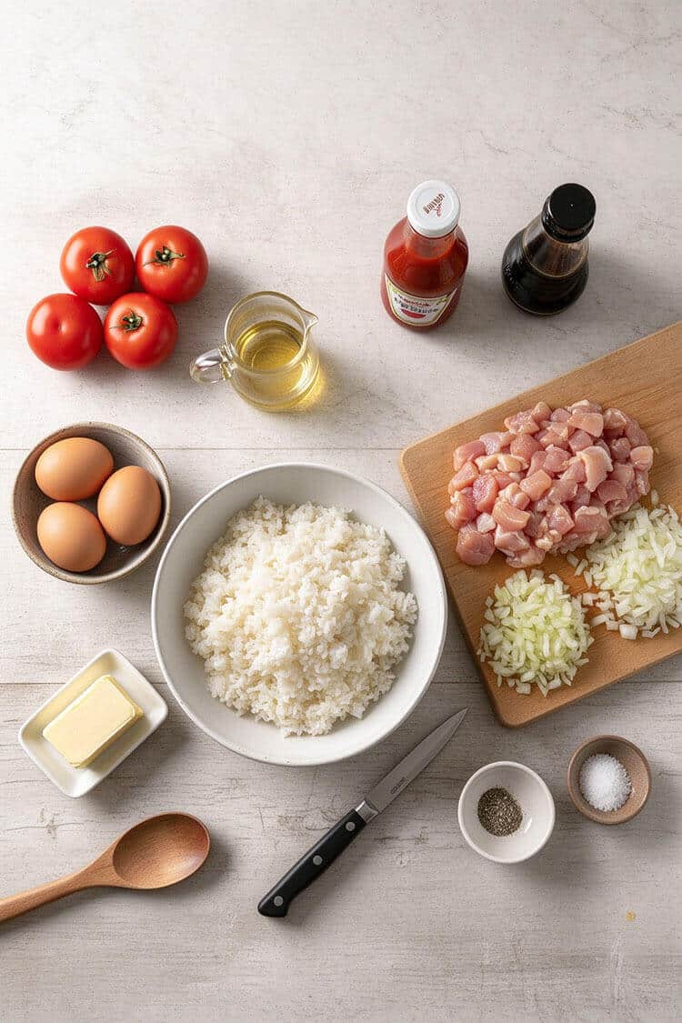 Overhead flatlay view of day-old white rice in a ceramic bowl, diced chicken thigh meat and chopped onions on a wooden board, fresh whole eggs, butter block, ketchup bottle, soy sauce, cooking oil, salt, and black pepper