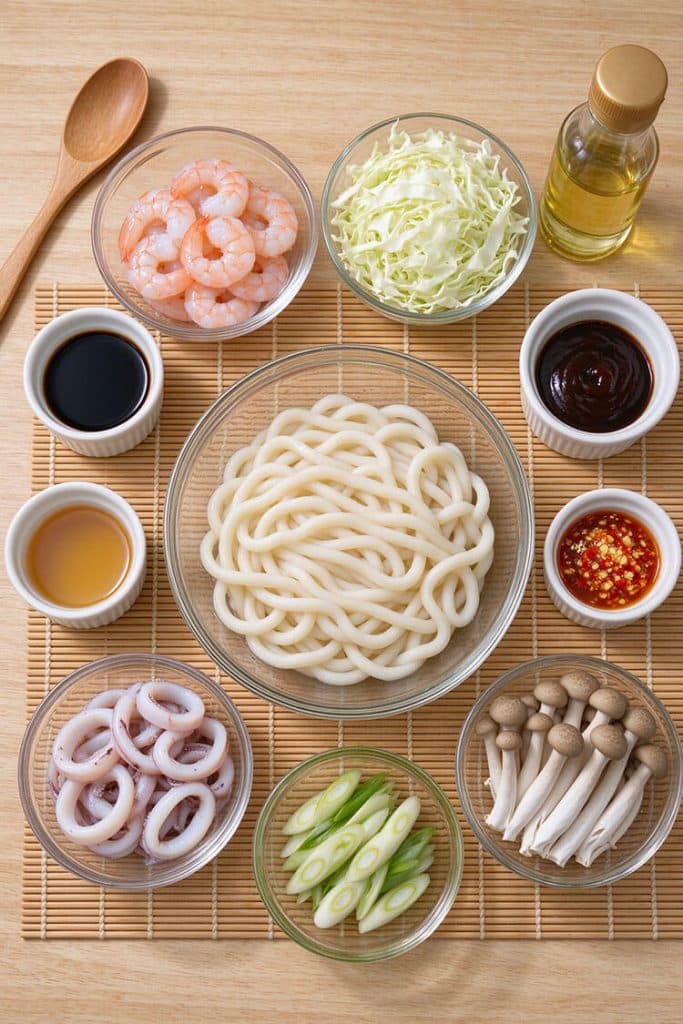 Flat lay of Japanese seafood udon ingredients including fresh udon noodles, peeled shrimp, squid rings, cabbage, shimeji mushrooms, and sauces.