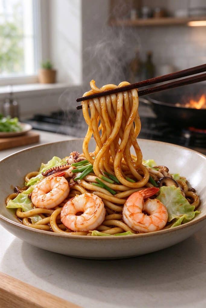 Chopsticks lifting thick Japanese seafood udon noodles topped with seared pink shrimp, tender squid, and cabbage in a ceramic bowl.