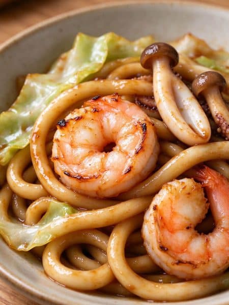Macro close-up of glossy Japanese seafood udon noodles with charred shrimp, shimeji mushroom, and squid ring in a shallow bowl.