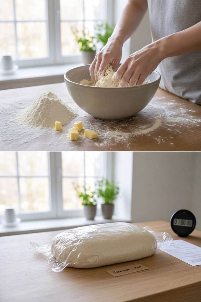 Kneading détrempe base dough in a mixing bowl and wrapping the dough tightly in plastic wrap for chilling.