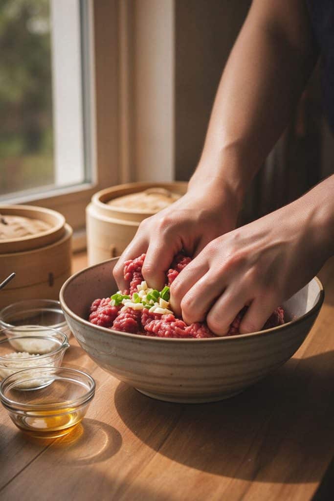 Hands vigorously kneading and slapping the beef mixture with diced water chestnuts and scallions against a mixing bowl.