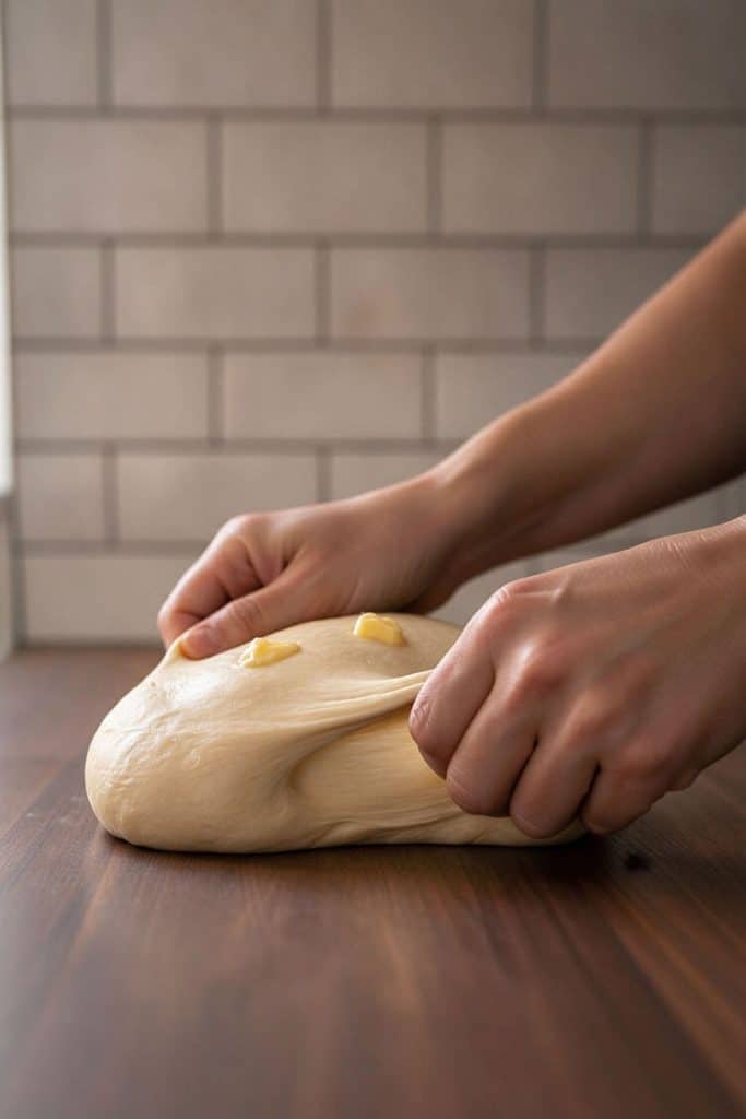 Kneading softened butter into smooth bread dough on a wooden countertop by hand.