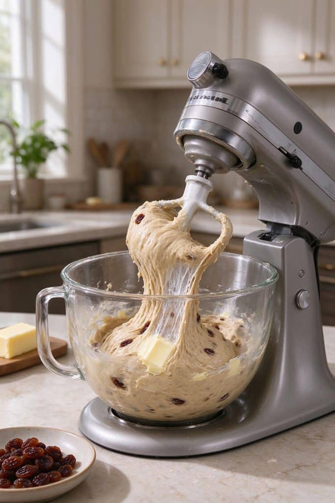 Stand mixer stretching satiny bread dough to pass the windowpane test with butter and plump raisins added into the glass bowl.