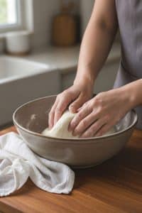 Kneading a smooth, pliable white glutinous rice flour dough by hand in a ceramic mixing bowl on a wooden board