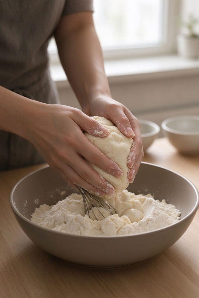 Kneading warm dough together with a boiled dough starter piece in a bowl of glutinous rice flour.