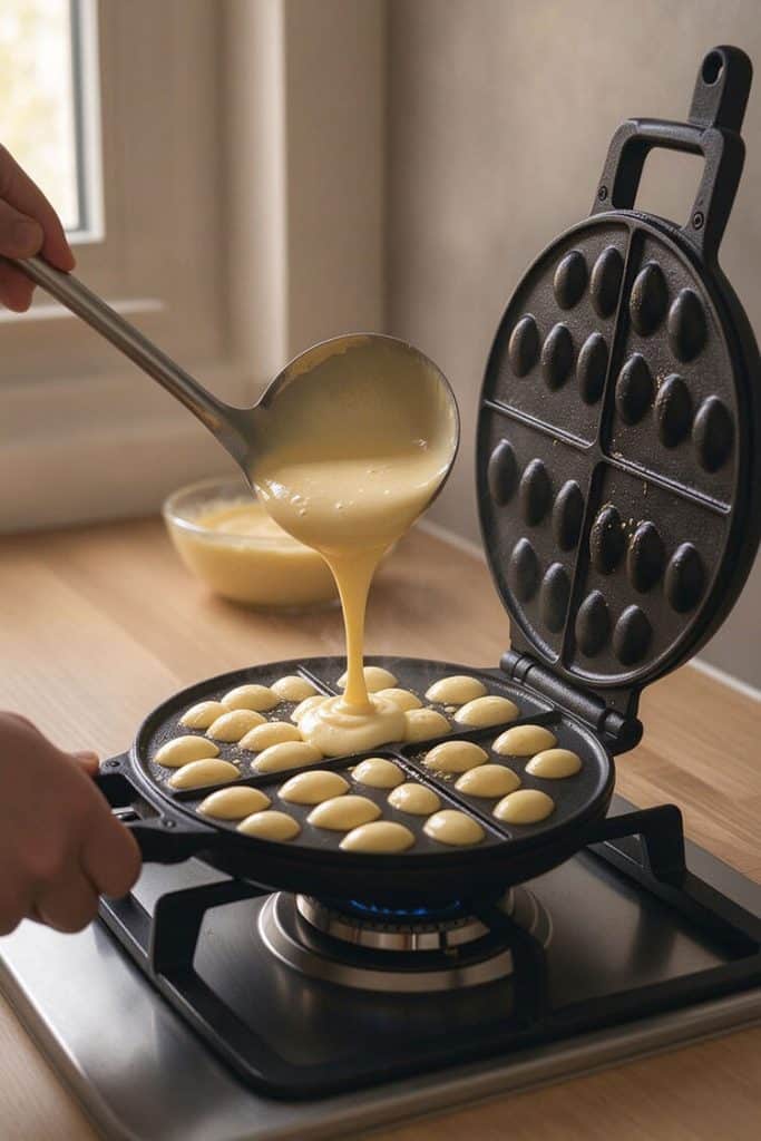 Ladling smooth golden egg waffle batter into the preheated bubble waffle iron on a gas stove.