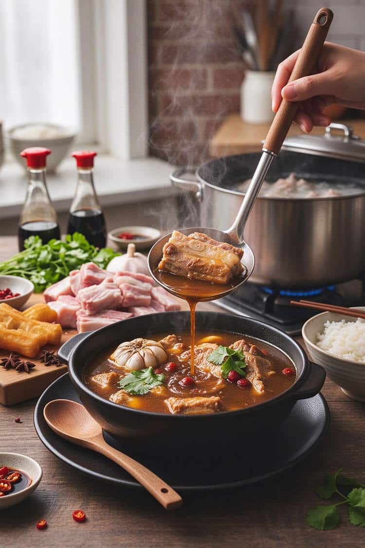 A stainless steel soup ladle pouring hot amber Bak Kut Teh broth over braised pork ribs into a black ceramic bowl surrounded by crispy youtiao, steamed rice, and chili dip