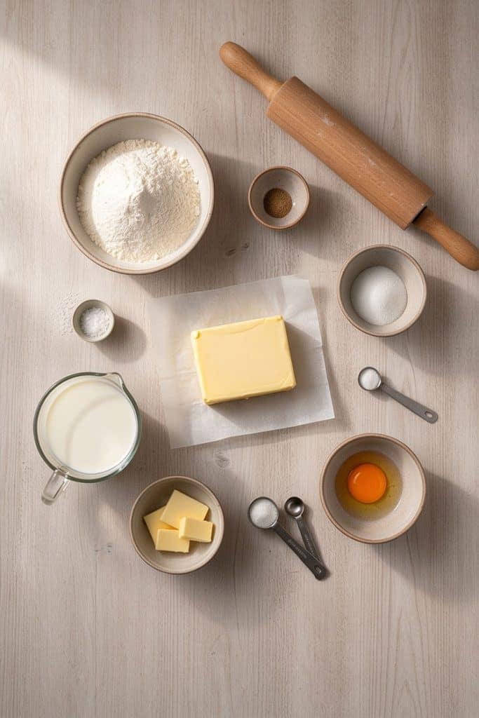 Flat lay of baking ingredients for laminated loaf danish bread including bread flour, European butter, cold milk, and egg yolk.