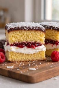 Close-up cross section of a lamington filled with fresh whipped cream and raspberry jam, showing the delicate sponge crumb and chocolate coconut shell.