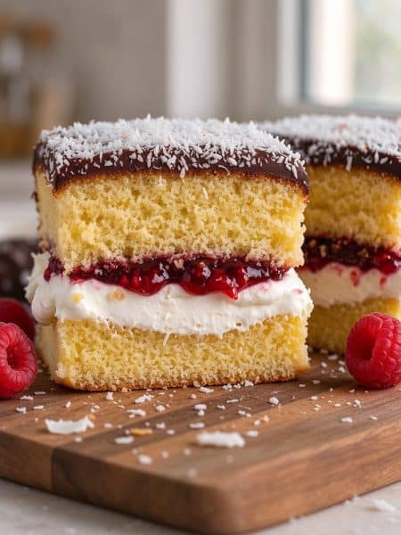 Close-up cross section of a lamington filled with fresh whipped cream and raspberry jam, showing the delicate sponge crumb and chocolate coconut shell.