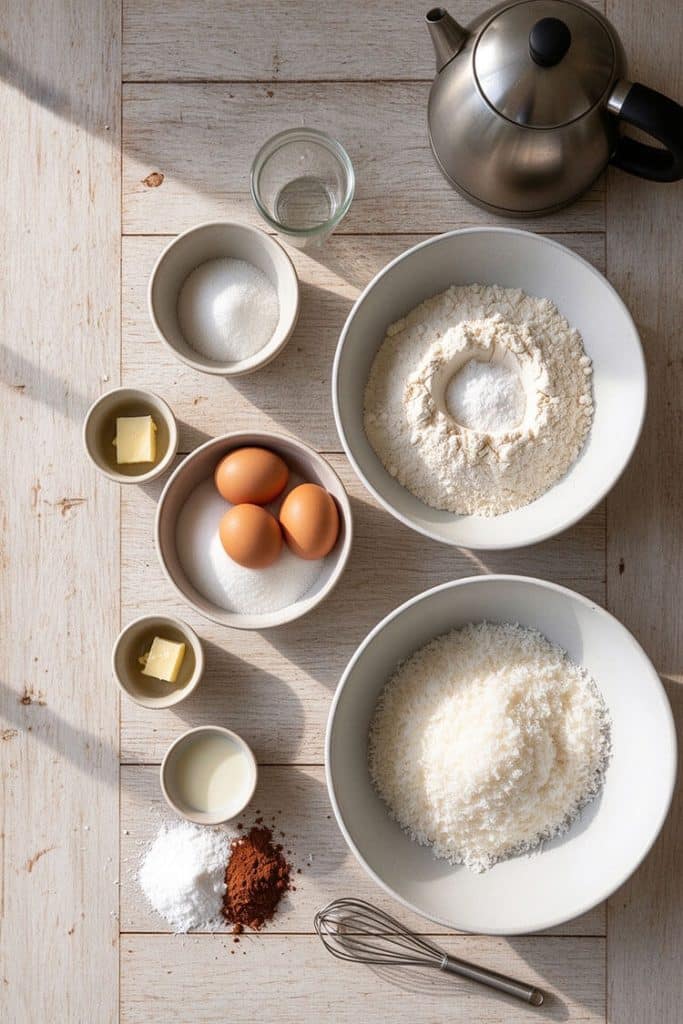 Overhead flat lay of lamington ingredients on a white wooden tabletop including flour, cornstarch, eggs, sugar, butter, cocoa powder, milk, and desiccated coconut.