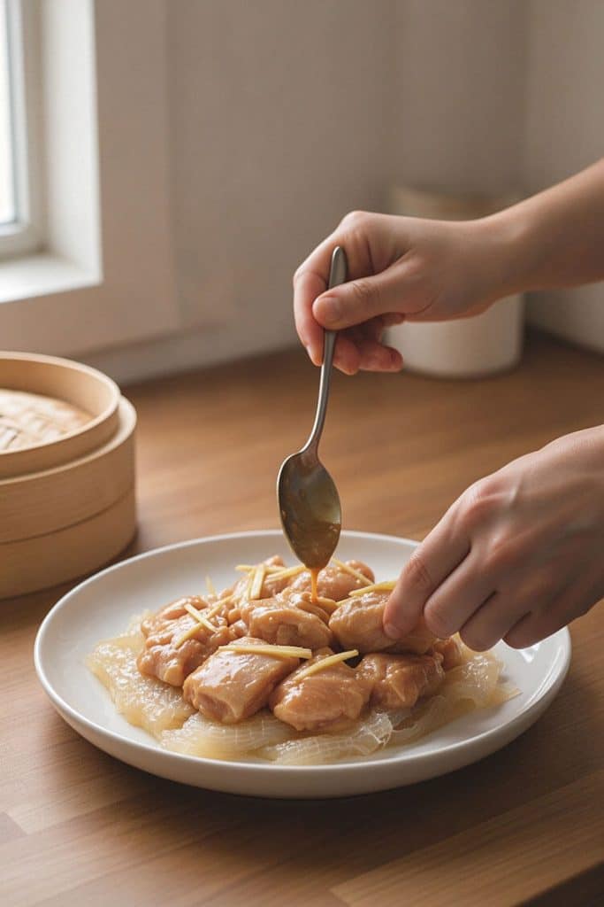 Layering marinated chicken thighs over sliced fish maw on a shallow white heatproof plate and spooning remaining marinade on top.