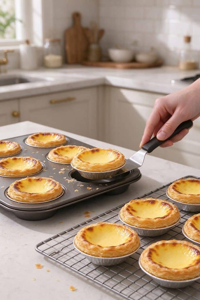 Using an offset metal spatula to lift a baked egg tart from a muffin tin cavity onto a wire cooling rack.