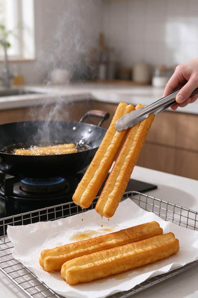 Lifting golden brown fried dough sticks with metal tongs over a paper towel-lined wire cooling rack.