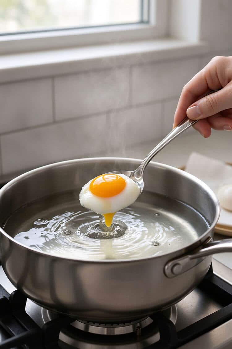A metal slotted spoon lifting a firm, oval poached egg with a bright yellow yolk out of steaming water in a stainless steel saucepan
