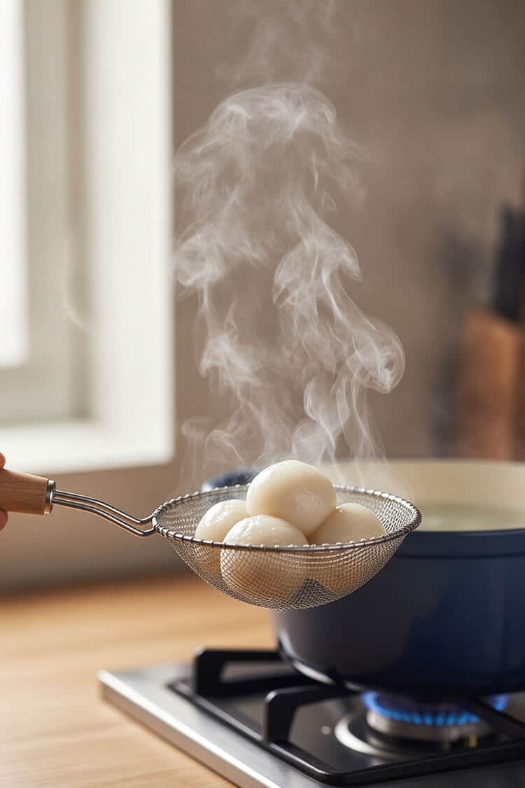 Lifting steaming hot, glossy cooked white rice balls in a wire skimmer spoon above a blue cooking pot on the stovetop