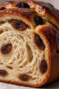 Close-up macro cross-section of sliced malted raisin bread showing soft springy crumb and juicy tea-soaked raisins.