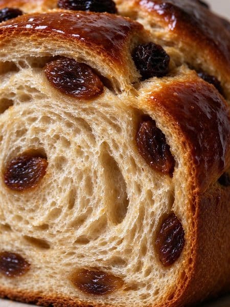 Close-up macro cross-section of sliced malted raisin bread showing soft springy crumb and juicy tea-soaked raisins.