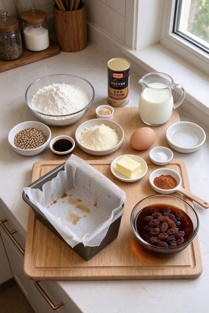 Flat lay of malted raisin bread ingredients including bread flour, barley malt syrup, malted milk powder, tea-soaked raisins, and loaf pan.