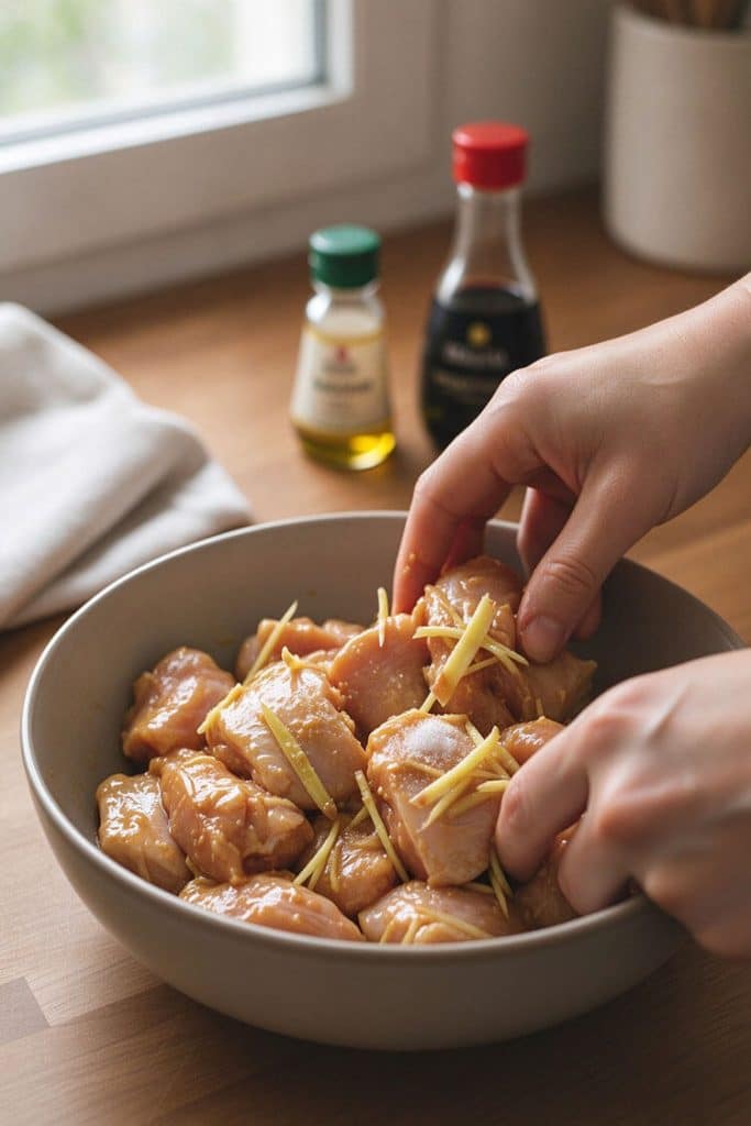 Tossing chicken thigh pieces with oyster sauce, light soy sauce, cornstarch, and julienned ginger in a ceramic bowl.