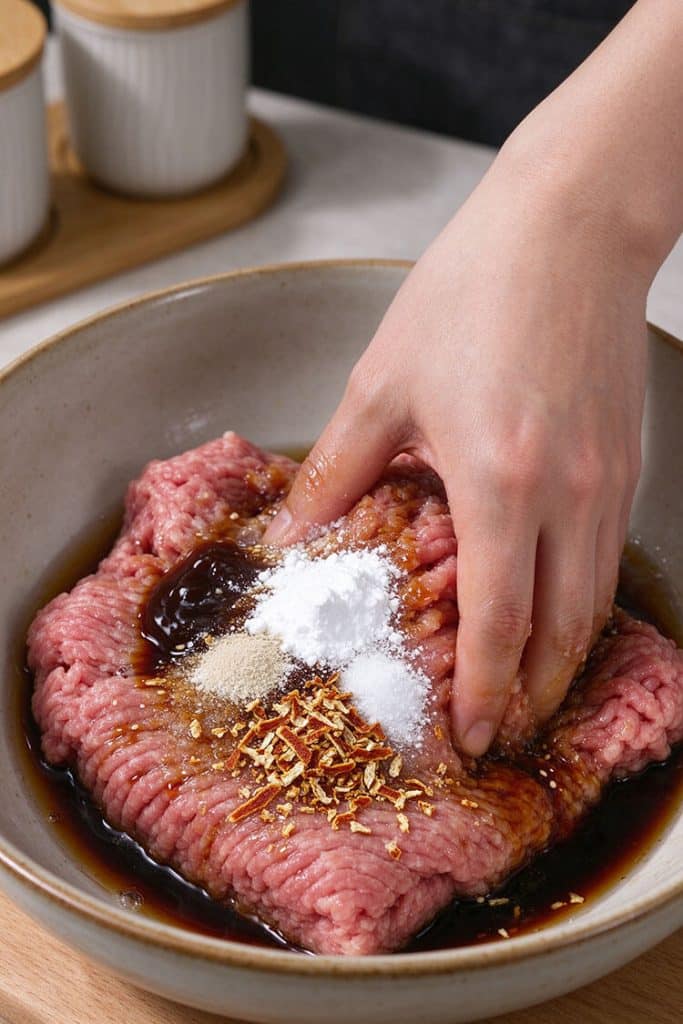 Hands mixing ground beef with baking soda water, minced dried tangerine peel, cornstarch, and seasonings in a ceramic bowl.